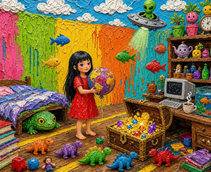 Colorful, textured impasto-style painting of a young girl in a red dress holding a globe, surrounded by a rainbow background, floating fish, a UFO with an alien, a treasure chest of gems, a vintage computer, and various toys and animals.