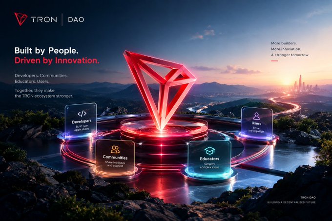 A promotional banner for TRON DAO with the tagline "Built by People. Driven by Innovation." featuring a glowing red TRX crystal at the center surrounded by icons representing Developers, Users, Communities, and Educators.