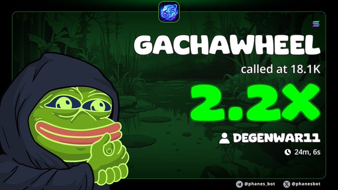 The image features a cartoon frog with a green body, wearing a black robe and holding a sword. The frog appears to be giving a thumbs up or making a peace sign gesture. The background of the image is dark green, which contrasts with the bright colors of the frog's costume. In the bottom right corner of the image, there are two numbers: 2x pump on my alpha call on #GACHAWHEEL CA and #memecoin #solana #DegenwarJ11.