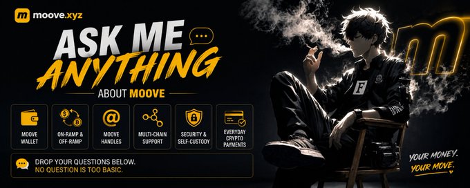 A promotional banner for Moove (moove.xyz) featuring an anime-style character smoking, with bold text reading "ASK ME ANYTHING ABOUT MOOVE" and six yellow icons highlighting key features: Moove Wallet, On-Ramp & Off-Ramp, Moove Handles, Multi-Chain Support, Security & Self-Custody, and Everyday Crypto Payments, alongside the tagline "Your Money. Your Move."