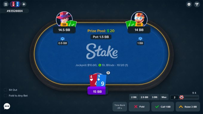 Online poker interface on Stake.com showing a heads-up game with blinds 10/20, prize pool $20, pot 1.5 BB, and a hole card display of 4♥ 9♦.