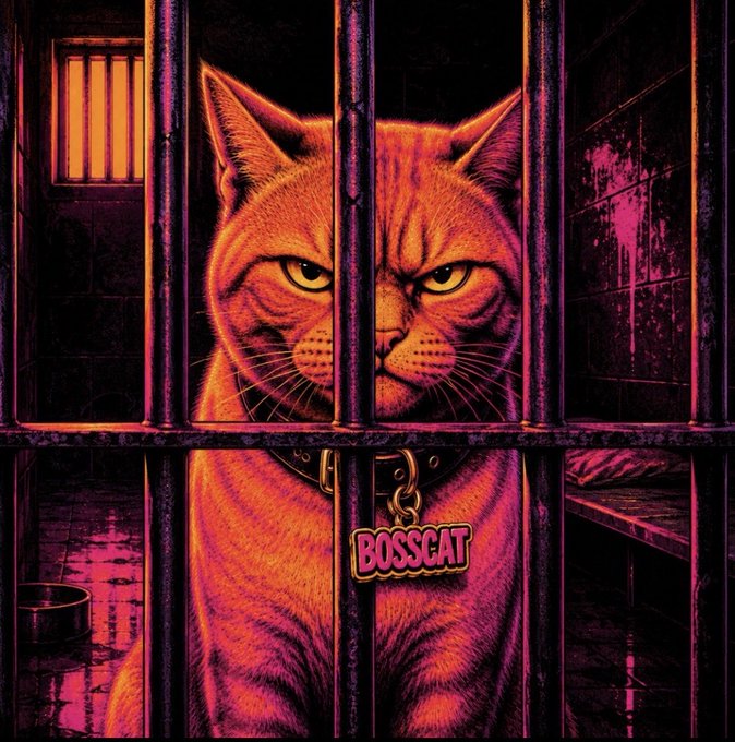 Stylized artwork of an orange tabby cat behind prison bars wearing a spiked collar labeled 'BOSSCAT'.