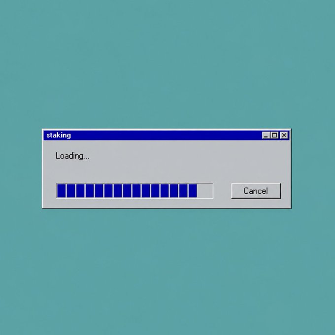 A retro-style computer loading dialog box titled 'staking' displaying 'Loading...' with a segmented progress bar and a Cancel button on a teal background.