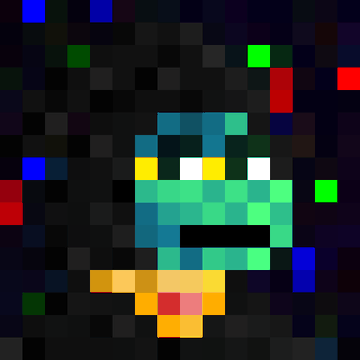 A pixelated, low-resolution digital art piece shows a small character with cyan skin and a yellow beak standing against a dark background with colorful scattered pixels.