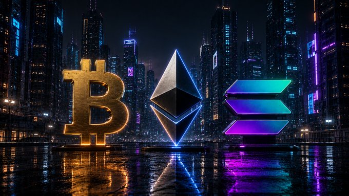 Bitcoin, Ethereum, and Solana logos glow against a neon-lit cityscape, visually representing the three blockchains ARK Invest and Glassnode evaluated for decentralization, with Bitcoin emerging as the leader ahead of ETH and SOL despite shared concerns about block production concentration.