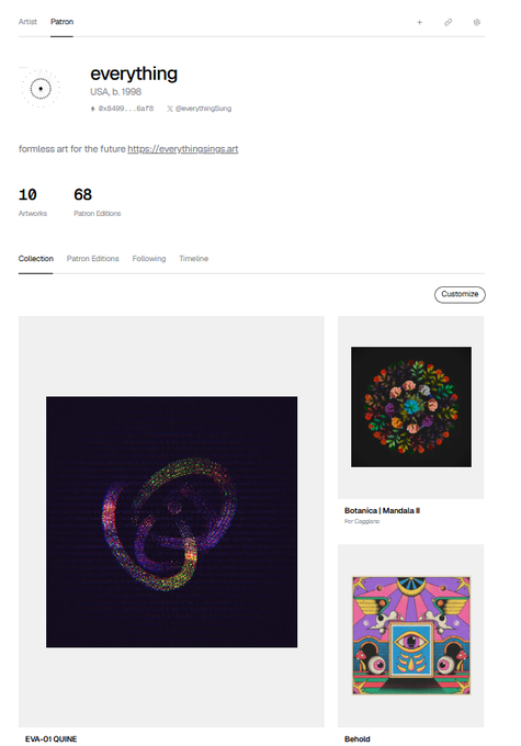 A screenshot of a Patreon page for an artist named 'everything' from the USA, displaying the username '@everythingisung' and showcasing artwork like 'EVA-01 QUINE'.