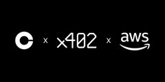The image features a logo for a company named "Coinbase". The logo includes two white text boxes with the words "x402" written inside them, which are part of the Coinbase logo. Below this, there's another white text box that reads "AWS x402", indicating that the integration of x402 is available on both Coinbase and AWS CloudFront platforms for payment processing by AI agents.