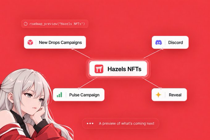 A promotional graphic for 'Hazels NFTs' showing a roadmap with features including 'New Drops Campaigns', 'Discord', 'Pulse Campaign', and 'Reveal', alongside an anime-style character illustration.