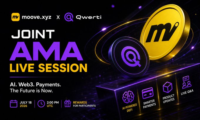 Promotional graphic for a joint AMA live session between Moove.xyz (@moovexyz) and Qwerti (@QwertiAI) scheduled for July 18, 2026 at 2:00 PM UTC, featuring topics on AI-powered DeFi, smarter payments, product updates, and a live Q&A with rewards for participants.
