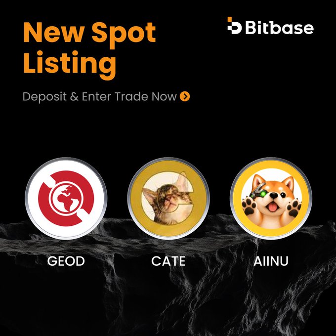 Bitbase announces new spot listings for GEOD/USDT, CATE/USDT, and AIINU/USDT, with deposits and trading opening at 9:00 am UTC on July 28, 2026. The promotional graphic highlights the three new tokens with their respective logos—a red globe design for GEOD, a cat for CATE, and a Shiba Inu mascot for AIINU—displayed against a black background with the headline "New Spot Listing" and a "Deposit & Enter Trade Now" call-to-action.