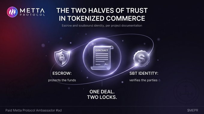 A promotional graphic for the "METTA PROTOCOL" illustrating "THE TWO HALVES OF TRUST IN TOKENIZED COMMERCE" with icons representing escrow and SBT identity.