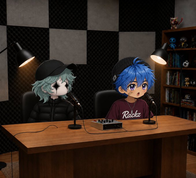 Two anime-style avatars sit at a podcast desk in a soundproof studio—one with mint hair in a black cap and jacket, the other with blue hair wearing a "Rackz" sweatshirt—reflecting the podcast episode featuring guest @RackzHQ discussing his journey into crypto, as mentioned in the accompanying post.