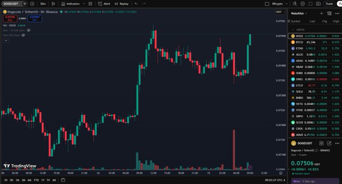 TradingView candlestick chart of Dogecoin (DOGEUSDT) on Binance showing a 1-hour timeframe with current price at 0.07506 USDT and a 0.82% gain.