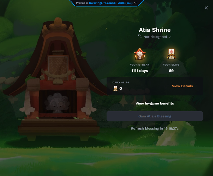 The image features a website that has a gaming component where users can create characters, complete missions, or play games with their friends online. There are two different posts displayed at the top of the website. One post provides information about the game progress and the player's score, while the other post announces that "111 Days of Praying Still". The overall layout includes a cartoon image related to the gaming component along with a message from @AxieInfinity.