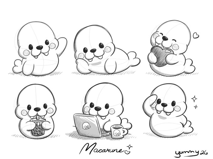 A sketch sheet of six cute, round seal characters in various poses, including drinking boba, using a laptop, and posing, signed 'Macarune' and 'Yummy 26'.