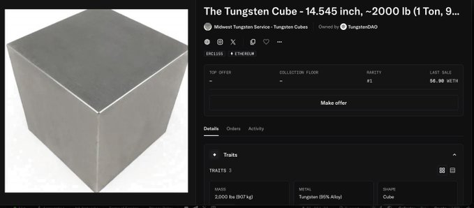 The image features a grey metal cube sitting upright against a black background. Below the image, there's text that reads "@TungstenDAO still owns it according to Opensea." The text provides information about an item called the Tungston Cube, which was bought and sold through eBay in 2000 at a price of $9.90 for 100 lb.