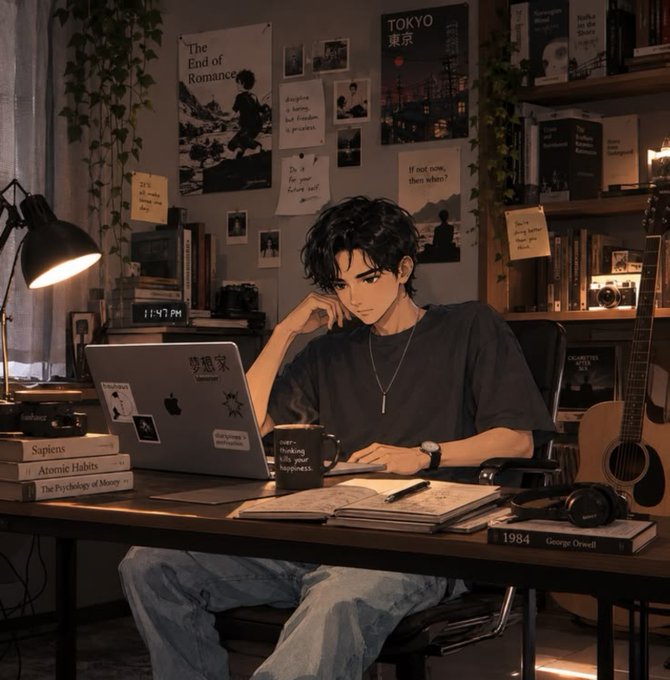 An anime-style illustration of a dark-haired young man working at a cozy desk filled with books (Sapiens, Atomic Habits), a laptop, and posters including 'The End of Romance' and 'TOKYO'.