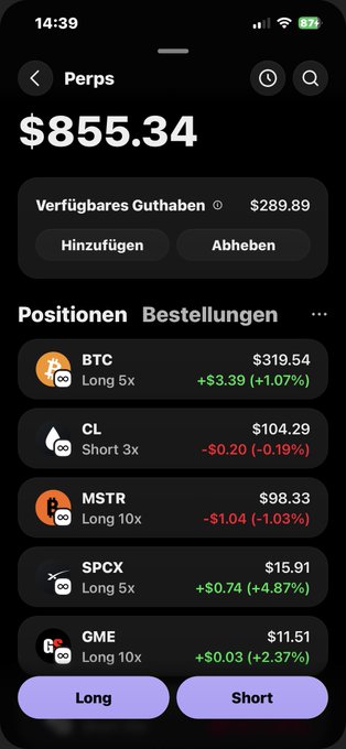 The image shows a cellphone screen displaying various symbols related to cryptocurrency trading, including bitcoin and short positions. One of the features displayed is that the user is currently holding a short position for Bitcoin, with its value at $41.69 per token (€). The screen also suggests the need for further actions or strategies in managing these cryptocurrencies.