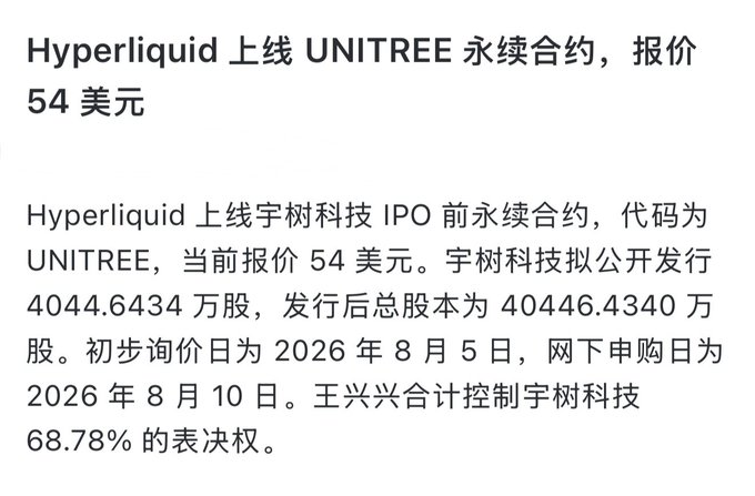 The image details Hyperliquid's launch of UNITREE perpetual contracts at $54, coinciding with the post's announcement of Yushu Technology perpetual contracts. The text also mentions Yushu Technology's IPO plans with a subscription date of August 10, 2026.
