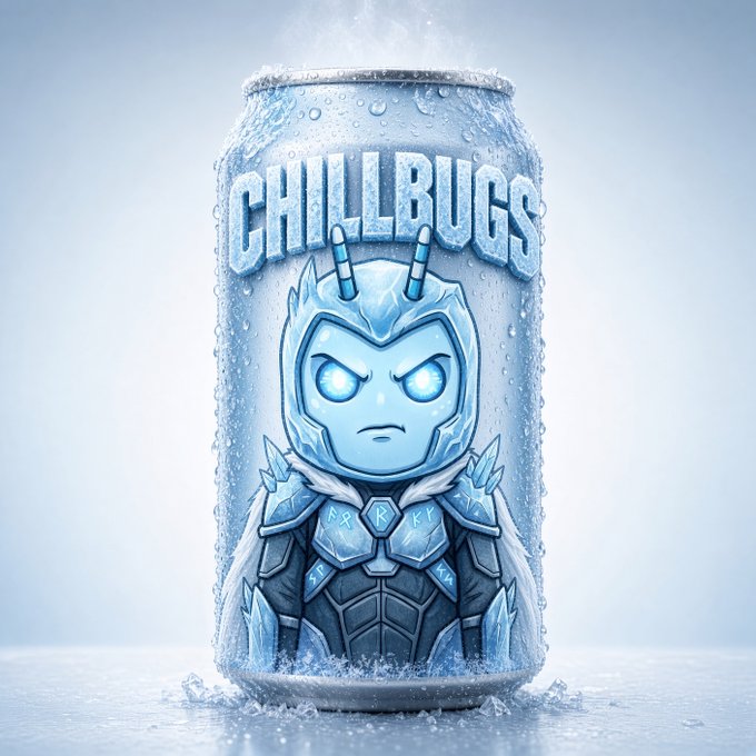 A frosty beverage can labeled 'CHILLBUGS' displays a blue, armored bug-like character with glowing eyes, surrounded by ice crystals and condensation.