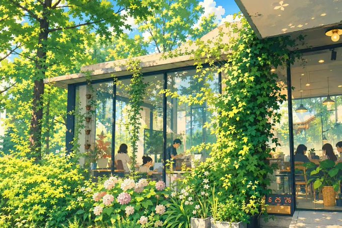 A serene glass-walled café enveloped in lush greenery and blooming hydrangeas, with patrons quietly enjoying the tranquil atmosphere—visibly marked with the date "6 25 26." The scene perfectly embodies the post's message of "余地" (yùdì), or "margin/space," reflecting a slower, simpler, more spacious way of living in Wuhan.