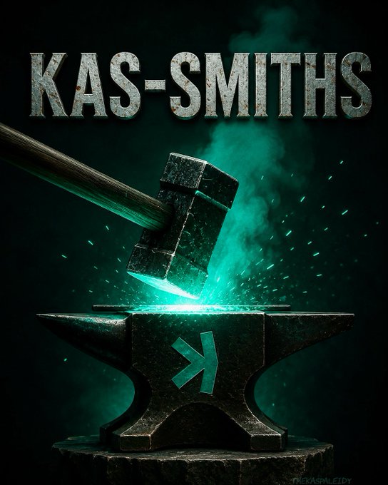 Digital artwork titled 'KAS-SMITHS' depicting a glowing hammer striking an anvil emblazoned with the Kaspa 'K' logo, set against a dark background with green sparks.