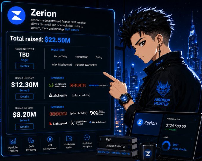 An anime-style character wearing a "Airdrop Hunter" jacket points toward a dashboard displaying Zerion's funding history, highlighting $22.50M total raised across Series A ($8.20M, 2021), Series B ($12.30M, 2022), and TBD ($22.50M, Nov 2024) rounds from investors like Lightspeed, Wintermute, and Bain Capital Crypto, alongside a portfolio overview showing $124,580.50 in assets—visually reinforcing the post's bullish case for Zerion's multi-chain DeFi portfolio tracking, swap, bridge, and perps features.