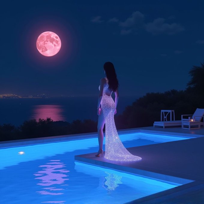A woman in an elegant, shimmering gown stands by an illuminated blue pool at night, gazing at a large pink full moon over the ocean.