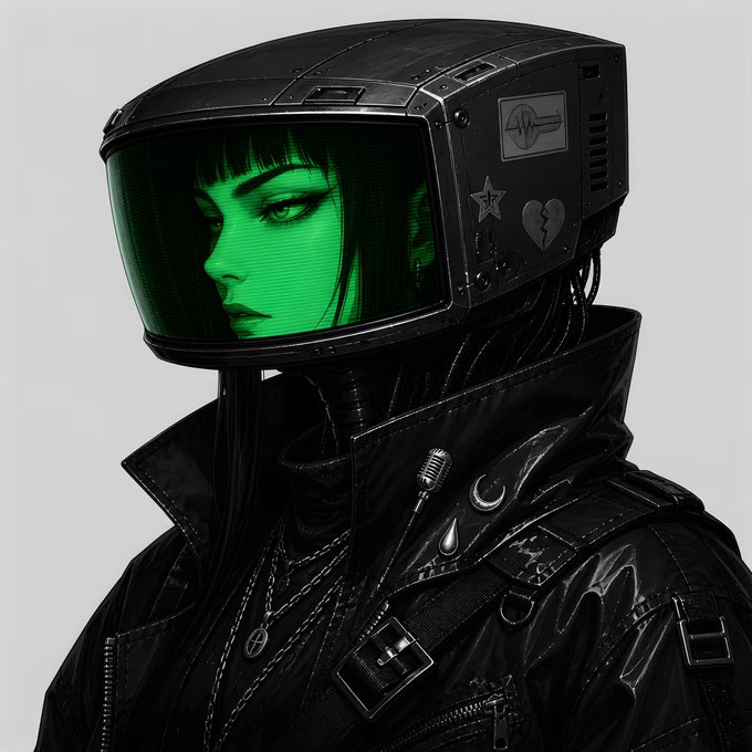 A figure in a futuristic black helmet with a vivid green visor, surrounded by metallic details, straps, and chains, captures the "Screenz #536" monochrome green aesthetic. The bold green glow of the visor serves as the defining color element in this striking, otherworldly portrait.
