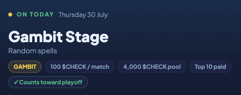 A promotional graphic for the "Gambit Stage" on Thursday 30 July, featuring random spells with a 100 $CHECK entry per match, a 4,000 $CHECK prize pool, and top 10 payouts. The image aligns with the post announcing the start of the Gambit stage in 47 minutes.