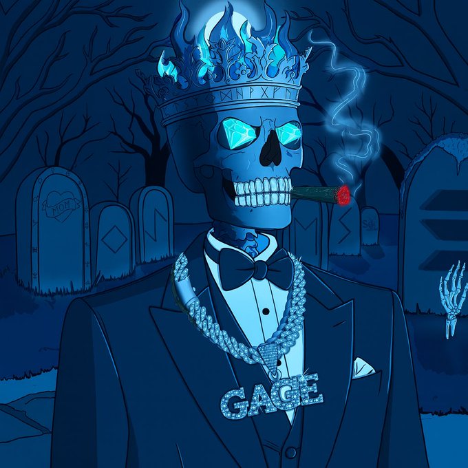 An artistic illustration of a skeleton wearing a crown, tuxedo, bow tie, and a large "GAGE" diamond necklace, smoking a cigar in a dark graveyard setting with glowing blue flames on the crown and eyes.
