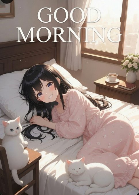 The image features a girl lying down on a bed, surrounded by two cats - one white and one black. The caption of the image reads "Good morning", which seems to be related to the girl's presence or her actions. The image also includes a reference to a football fan who is turning their passion for the sport into participation in the World Cup.