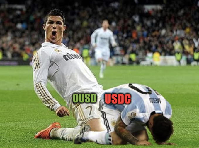 Two soccer players, including Cristiano Ronaldo (#7) in a white Real Madrid jersey, clash on the pitch with the text "OUSD USDC" overlaid, humorously illustrating how Americans rename the globally established sport of football to "soccer" — much like how USDC rebrands itself despite the established term "OUSD" already existing in the stablecoin space.