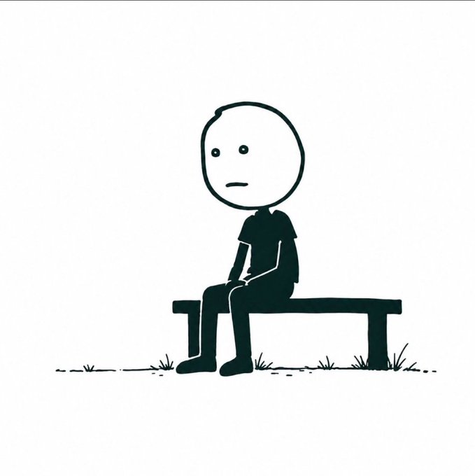 A simple black-and-white cartoon shows a stick-figure-like person sitting alone on a bench with a blank, melancholy expression, conveying isolation and being ignored.

The image visually echoes the post's "NO ONE CARES" sentiment—portraying lonely neglect—while the seated figure with no audience reflects the poster's hope that despite the indifference, a "big pump" is about to arrive for their Solana token.