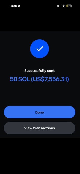 A mobile phone screenshot displays a successful crypto transaction confirmation showing "Successfully sent 50 SOL (US$7,556.31)" with a blue checkmark, "Done," and "View transactions" buttons. The image serves as proof of the 50 SOL airdrop mentioned in the post, demonstrating that the wallet address submitted actually received the funds from @TwinTulips.