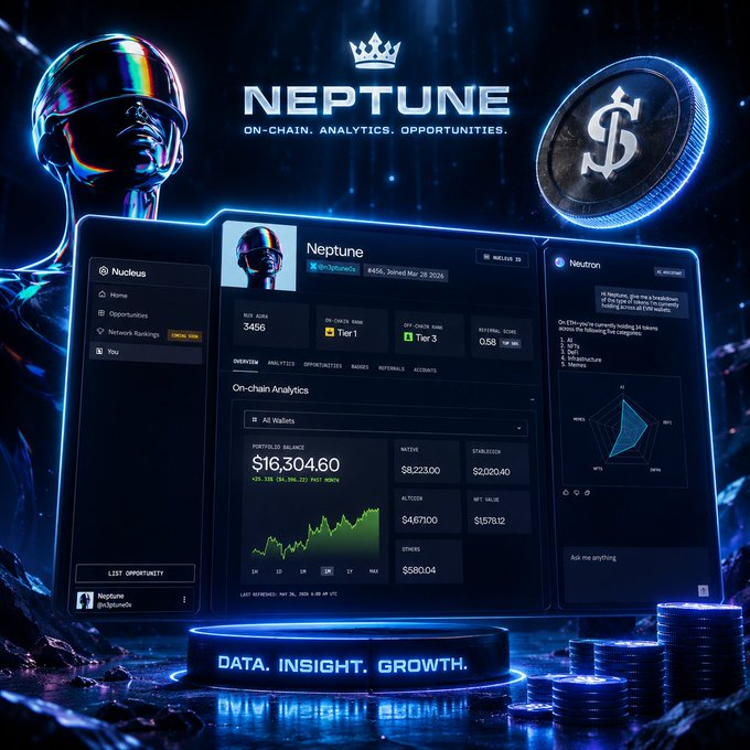A stylized promotional graphic for 'Neptune,' an on-chain analytics platform, featuring a futuristic astronaut figure, a coin with a dollar sign, and a dashboard showing portfolio balance ($16,304.60), NFT rank (Tier 1), and analytics with the tagline 'DATA. INSIGHT. GROWTH.'