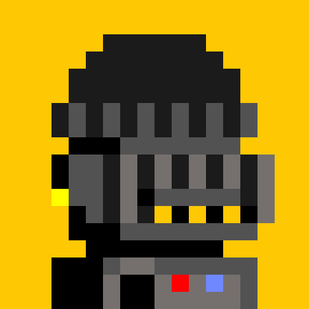 A pixel art illustration of a dark armored character with a single yellow eye and a menacing toothy grin, set against a yellow background.