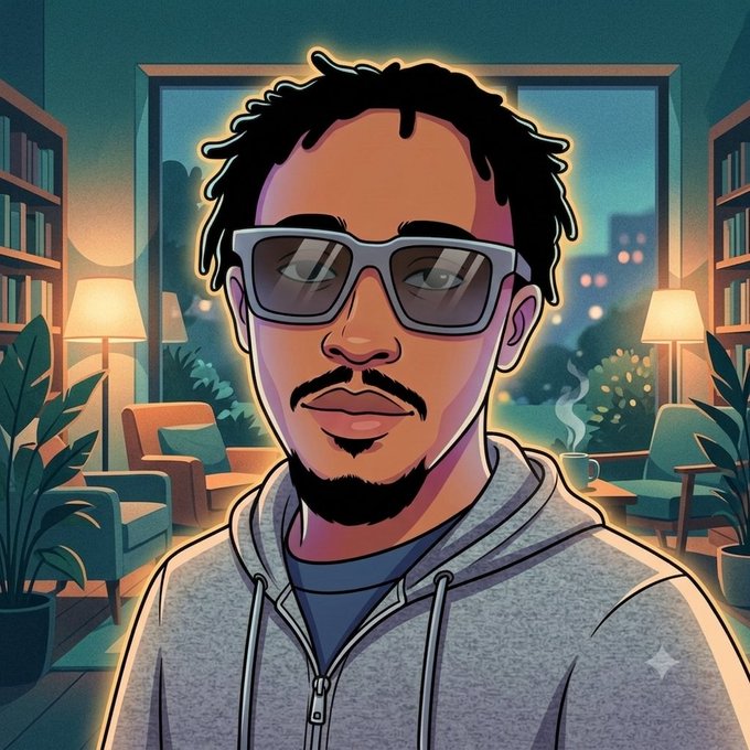 A digital illustration/portrait of a young man with dreadlocks, a beard, and sunglasses, wearing a gray hoodie in a cozy room setting.