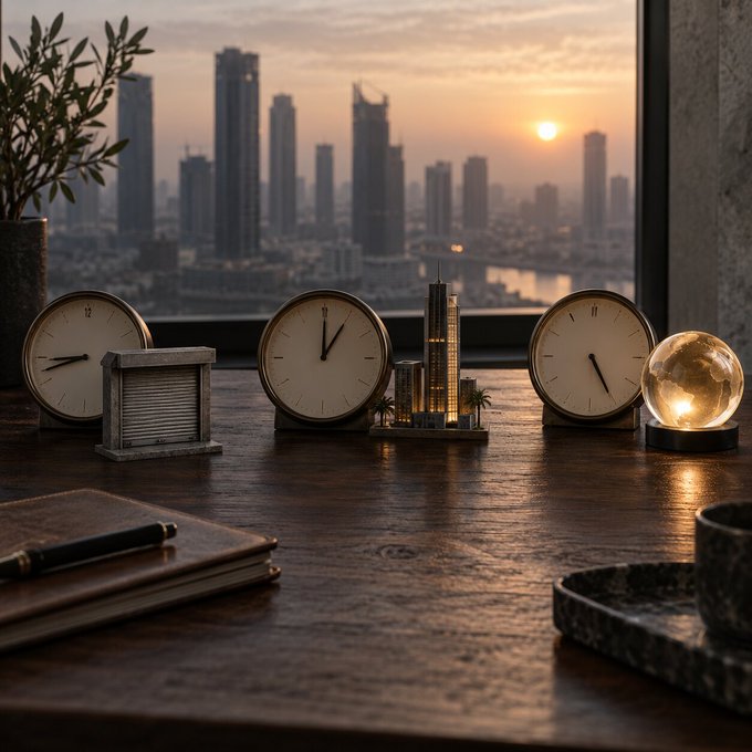 A wooden desk by a window overlooking a city skyline at sunset holds three analog clocks, a miniature building, a glowing spherical lamp, a notebook with a pen, and a potted plant.