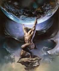 A fantasy illustration of a nude female figure pushing up against a large planet or moon, with a moonlit landscape and flowing water below her.