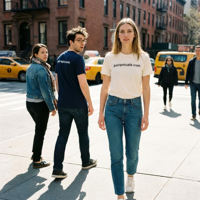 People stand on a New York City street wearing t-shirts labeled "pairpetuals.com" and "pairpsyric.com," with yellow taxis and brick buildings in the background.