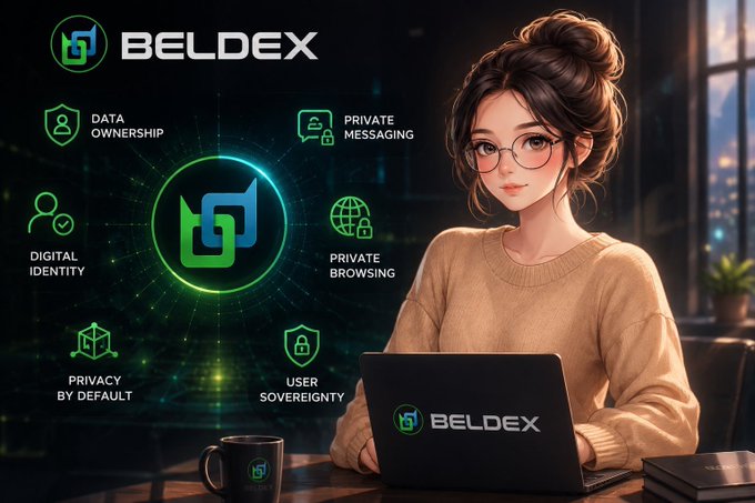 Promotional image for 'BELDEX' featuring an anime-style woman with glasses using a BELDEX-branded laptop, surrounded by feature icons highlighting Data Ownership, Private Messaging, Digital Identity, Private Browsing, Privacy by Default, and User Sovereignty.