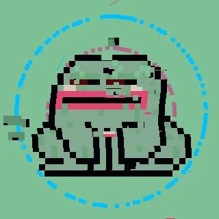 A pixelated, glitch-style green toad with a wide pink grin sits centered within a blue dashed circle against a pale green background, embodying the retro, distorted aesthetic that makes "Glitch toads" a popular NFT collectible.