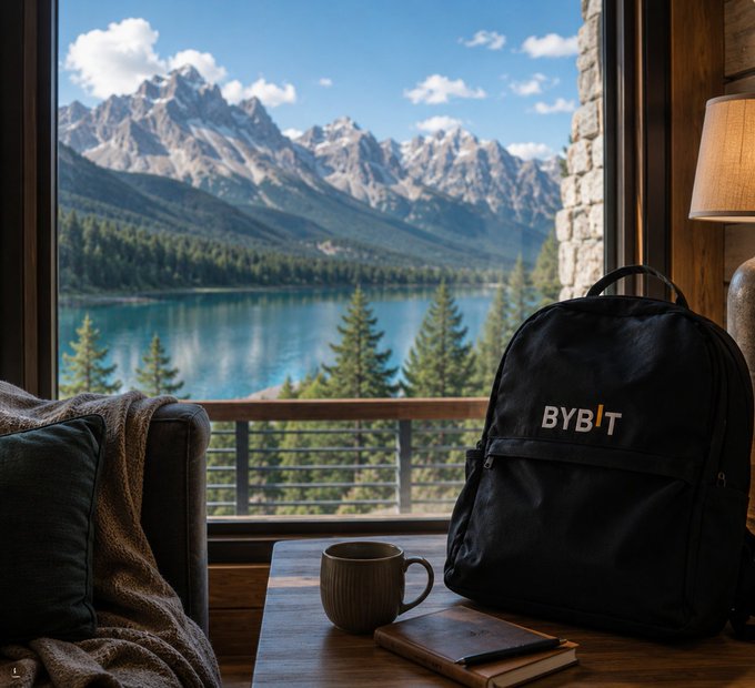 A black backpack with "BYBIT" printed on it sits on a wooden table next to a coffee mug and book, with a scenic mountain lake view through a large window.
