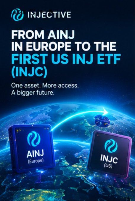 A promotional graphic for "INJECTIVE" cryptocurrency announcing "FROM AINJ IN EUROPE TO THE FIRST US INJ ETF (INJC)" with the tagline "One asset. More access. A bigger future."