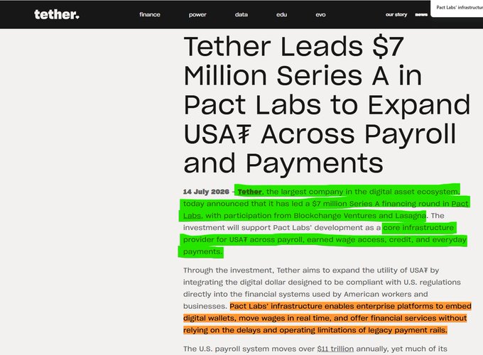 A Tether news article from July 14, 2025 announcing Tether's $7 million Series A funding in Pact Labs to expand USA₮ across payroll and payments, with key text highlighted in green.