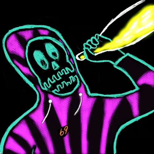 A colorful digital illustration of a hooded grim reaper/skeleton figure in purple and teal, with glowing teal eyes and mouth, holding a yellow flame or torch against a black background, with '69' written on the robe.