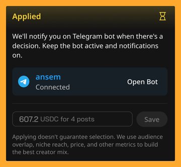 A Telegram bot application status showing 'Applied' with the bot 'ansem' connected and an offer of 607.2 USDC for 4 posts.