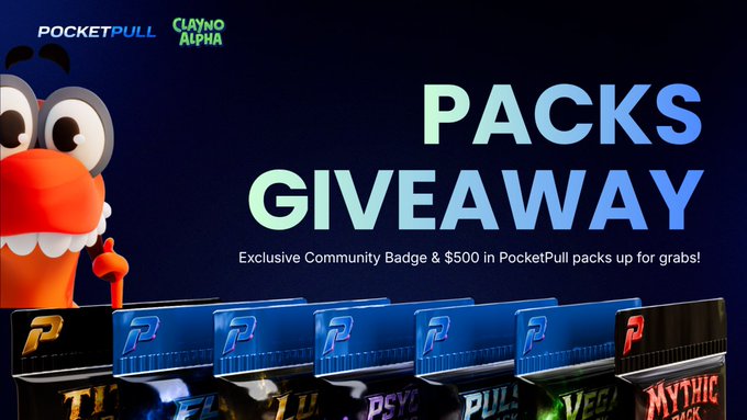 PocketPull/CLAYNO ALPHA promotional banner announcing a 'PACKS GIVEAWAY' featuring an exclusive community badge and $500 in PocketPull packs, with cartoon character branding.