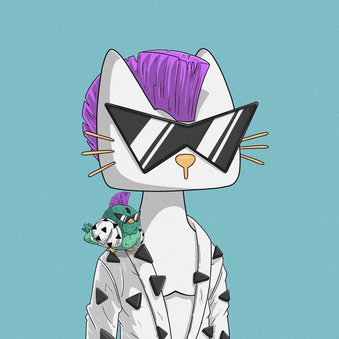 An illustration of a stylized white cat with purple hair wearing star-shaped sunglasses, with a small green and white bird perched on its shoulder, set against a light blue background.
